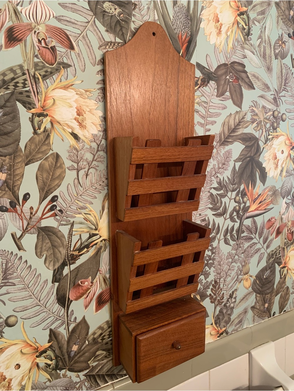 Vintage Mail Letter Organizer Arts Crafts Style Mid Century Wooden Shelf Drawer